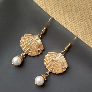 14k Shell Earrings Pearl Rhinestone Beach Summer